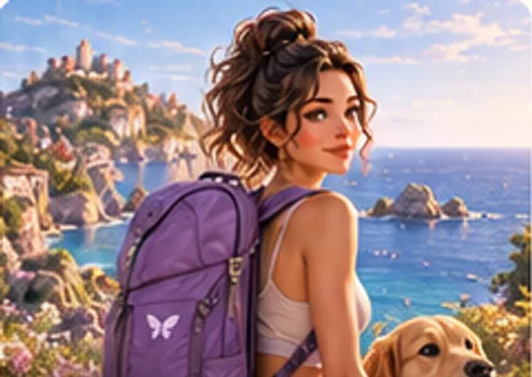 A woman with a purple backpack and a golden retriever looking out over a coastal bay.