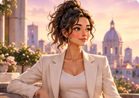 A woman in an ivory business suit on a rooftop terrace at golden hour, a domed city skyline behind her.