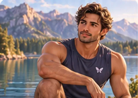 An athletic man in a dark tank top resting by a mountain lake.