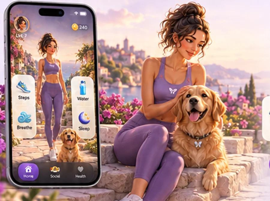 A Gamifest character sitting with her golden retriever among bougainvillea on a coastal terrace, next to a phone showing her daily habits.