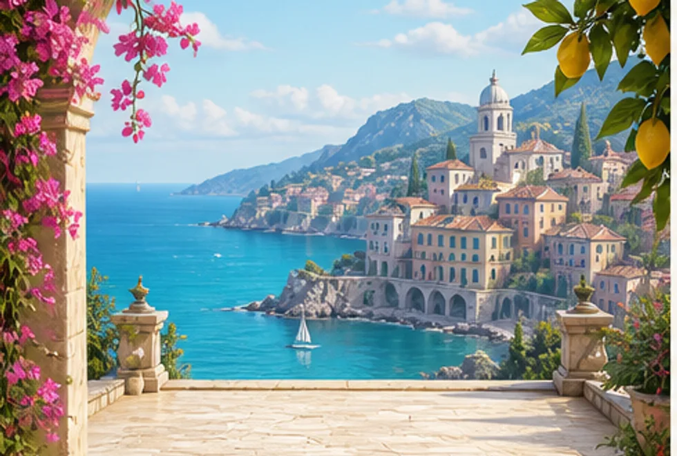Riviera Morning — a Gamifest world: a sunlit stone terrace framed by bougainvillea, overlooking a turquoise bay and a hillside village.