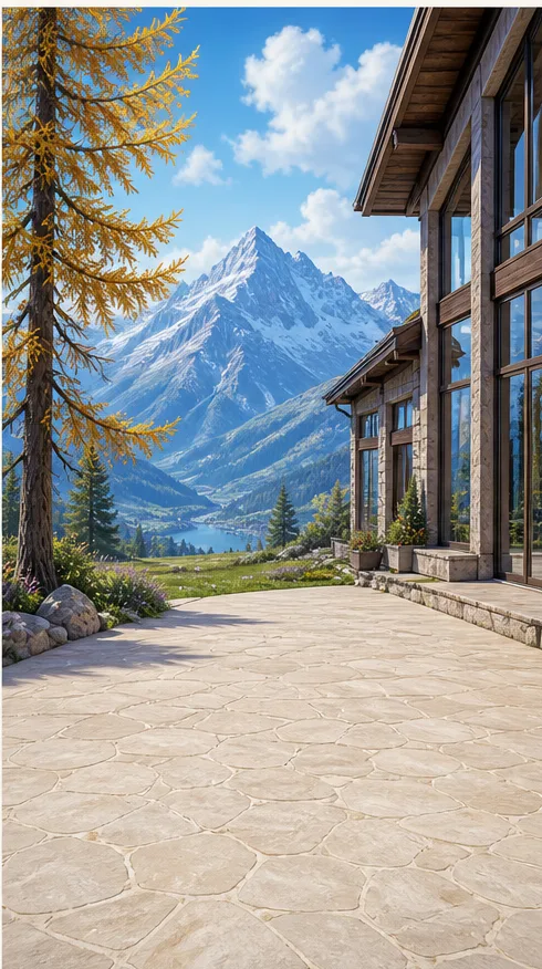 Alpine Sanctuary — a mountain terrace with golden larches and snowy peaks.
