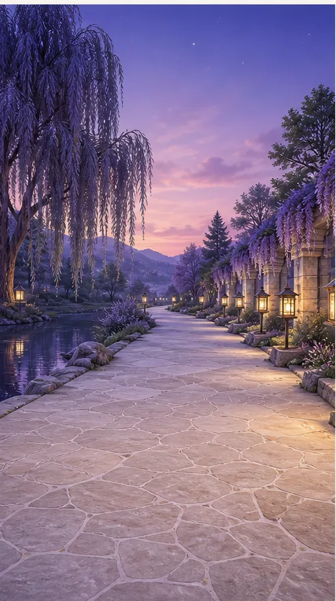 Moonlit Garden — a lantern-lit path under wisteria at dusk.