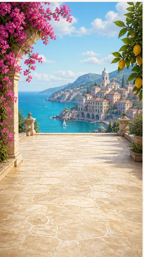 Riviera Morning — a sunlit stone terrace with bougainvillea over a turquoise bay.